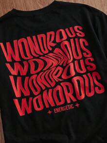 SWAVVY Loose Men's Elastic Knit T-Shirt With Slogan Print - Black - View 5