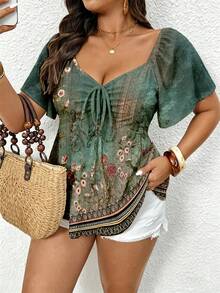 SHEIN Frenchy Casual Spring/Summer Vintage Floral Print Cold Shoulder Drawstring Plus Size Women's T-Shirt, Vacation Women - Multicolor - View 3