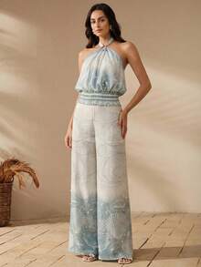 Anewsta Summer New Shell Pattern Waist Tie Halter Neck Casual Tropical Vacation Top For Women Beach Vacation Blue - Blue - View 6
