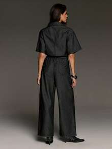 BAD SUNDAY Women's Mid-Sleeve Waist-Cinching Wide-Leg Short Sleeve Jumpsuit, Y2K Streetwear, Commute, Outing Night Out, Vacation, Dark Grey Summer - Black - View 5