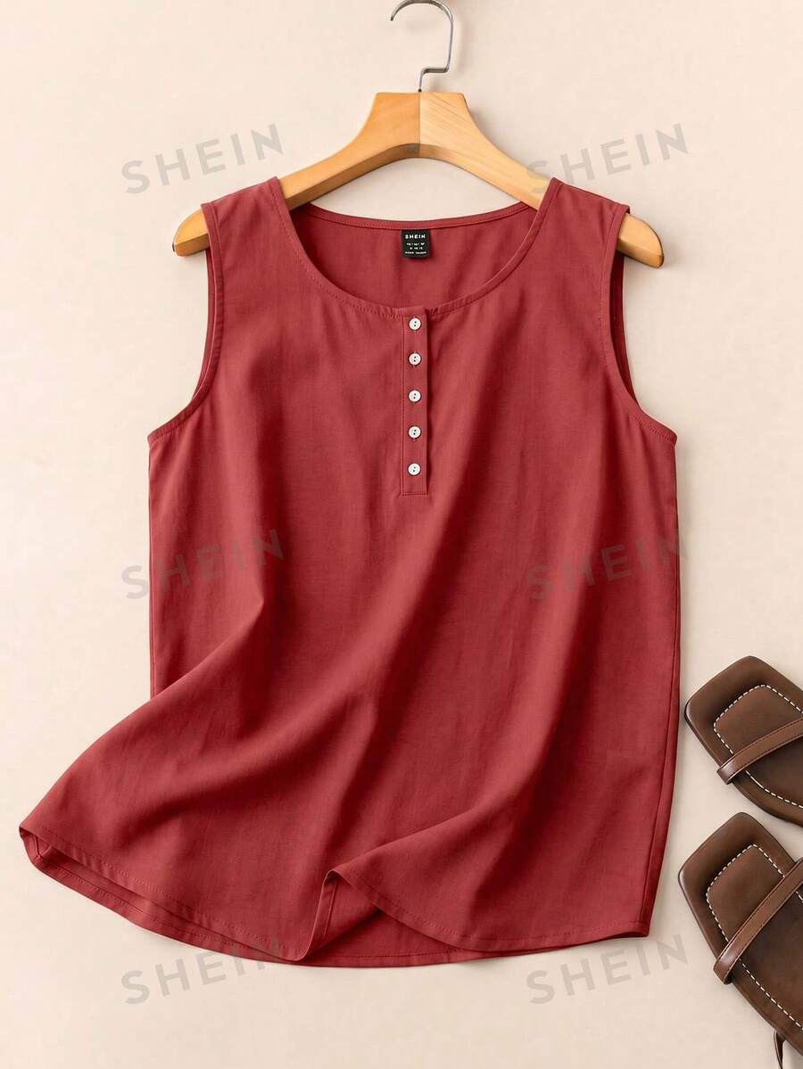 EMERY ROSE Women's Casual Solid Color Round Neck Tank Top For New Year Clothes - Red - View 1