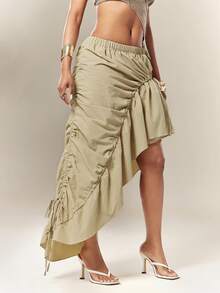 Denimoi Asymmetrical Hem Adjustable Drawstring Skirt Fashionable Streetwear - Khaki - View 6