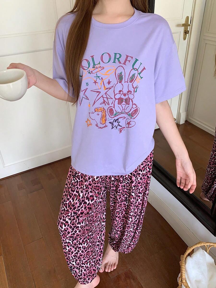 DAZY Women's Letter Print Short Sleeve Top And Leopard Print Long Pants Pajama Set Summer - Purple - View 1