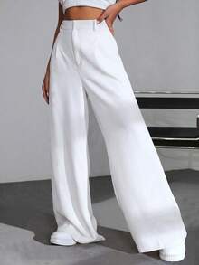 SHEIN EZwear 100%纯棉高腰阔腿裤，百搭休闲，适合大学、休闲、派对、音乐节、毕业典礼、返校、度假和办公等场合。 - 白色 - 查看 6