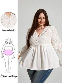Enliva Camisa de mujer de manga larga con cuello en V de encaje traslúcido en talla grande, cómoda y holgada para primavera y verano, ropa informal diaria, blusas para mujer, tops para curvas, atuendos de vacaciones - Blanco - Ver 1