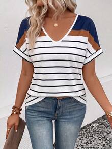 SHEIN Women V-Neck Striped Tee Color Block Loose Short Sleeve Casual Tunic Tops For Daily Wear - Multicolor - View 3