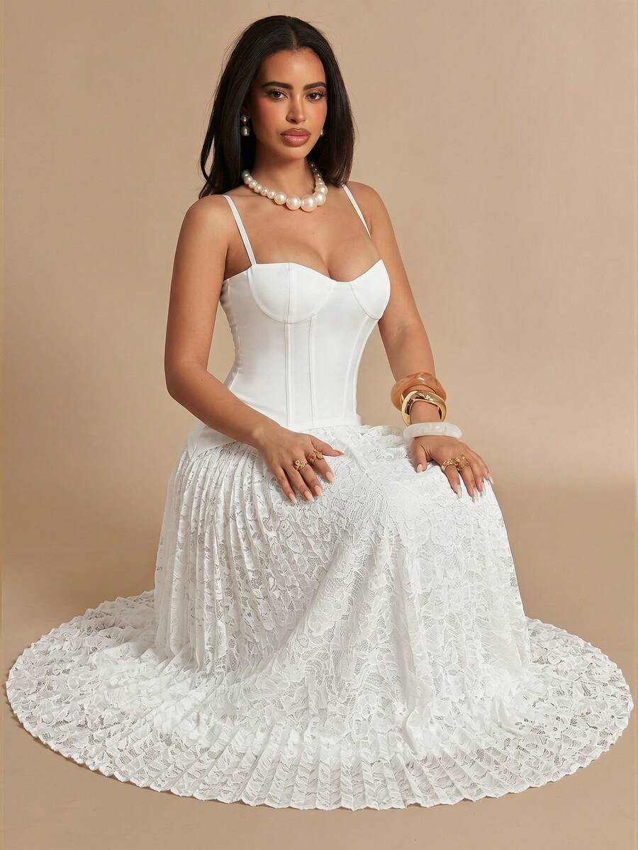 Silquee 女款浪漫白色露背水溶蕾絲婚紗，兩件式設計搭配性感褶皺，優雅長版露背洋裝，適合早午餐、婚禮賓客、正式社交場合、夏季穿著、婚禮派對洋裝、迷你正式生日洋裝、度假、派對、聚會、單身派對、婚禮、早午餐、優雅社交場合、夏季洋裝、約會之夜、生日派對