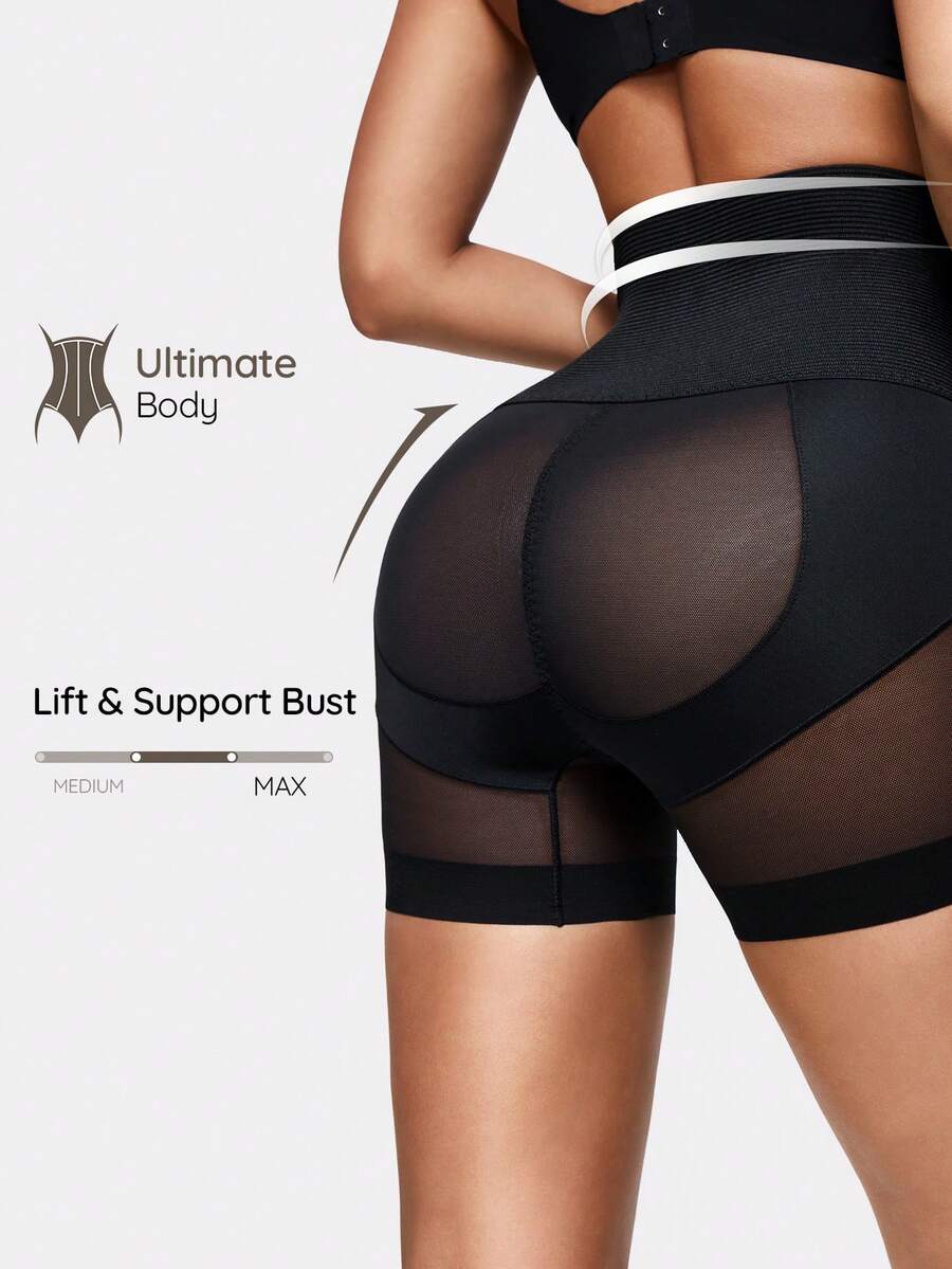 SHAPORA Women's High Waist Mesh Patchwork Shapewear Shorts - Black - View 1