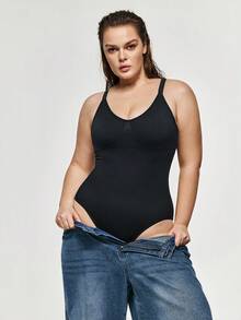 SHEIN Women's Plus Size Shapewear Seamless V-Neck Sexy Low Waist Backless Bodysuit Tummy Control Solid Color Shapewear Summer Hip Lifting Slimming Underwear - Black - View 7