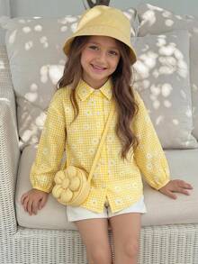 SHEIN Young Girl Woven Floral Plaid Casual Shirt School Yellow Autumn - Multicolor - View 2