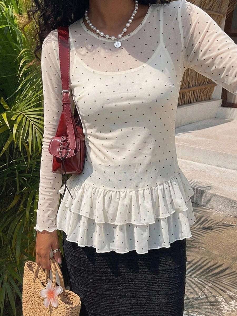 FRIFUL Women Sheer Polka Dot Print Long Sleeve Ruffle Hem Blouse, Summer Fall Top - White - View 1