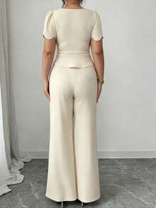SHEIN Clasi Spring Summer Autumn Elegant Commuter Square Neck Wavy Short Sleeve Long Pants Apricot Plus Size 2 Pieces Set - Apricot - View 2