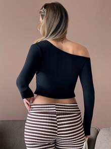 hollyjadebate Women's Daily Wear Essentials Knit Stretchy Comfy Asymmetrical Neck Long Sleeve Tops Casual Black - Black - View 2