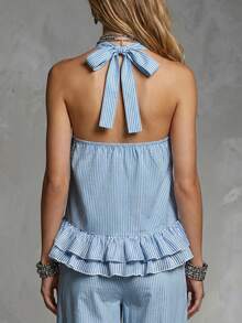 Balvessa Top casual de mujer con cuello en V, rayas azules y blancas, cuello halter y dobladillo con volantes, estilo boho de verano para vacaciones, playa, crucero, viajes y festivales de música - Multicolor - Ver 2
