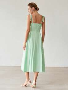 MOTF PREMIUM VESTIDO DE MUJER ELEGANTE PARA DESPLAZAMIENTO CON TIRANTES DE ENCAJE DE COLOR CONTRASTANTE EN LINO - Verde - Ver 4