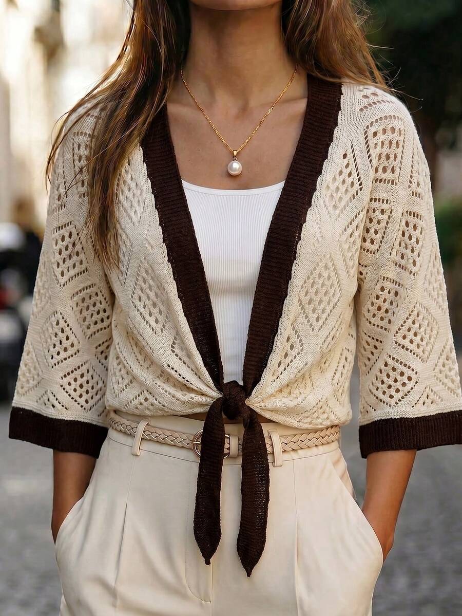 SHEIN Holidaya New Summer Hollow Out Color Block Bow Cardigan Suitable For Vacation, Beach - Apricot - View 1