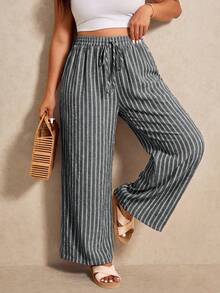 Elaquor Plus Size Women's Drawstring Waist Striped Pattern Loose Versatile Long Pants - Black - View 7