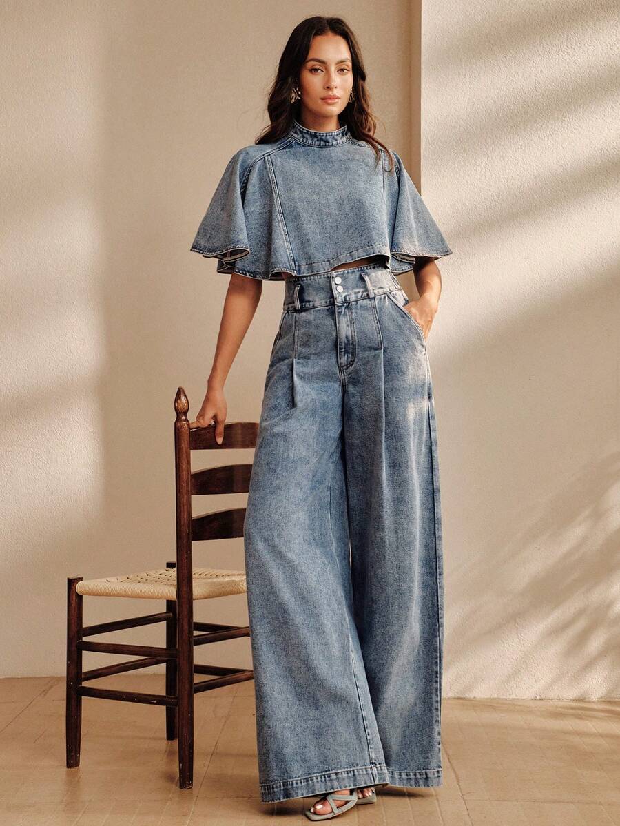 Anewsta 現代時尚藍色水洗牛仔 2 件套高腰寬腿長褲 + 短袖披肩女款牛仔套裝優雅女裝套裝 - 藍色 - 查看 1