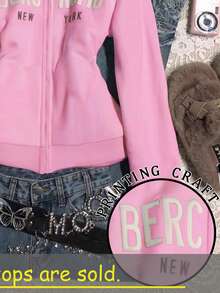 SHEIN Áo sweatshirt nữ dài tay in chữ, khóa kéo phía trước, kiểu dáng thường ngày. - Hồng - Xem 5