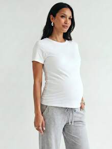 Modmama 孕妇纯色圆领紧身休闲短袖T恤，夏季 - 軍綠色 - 查看 4