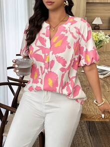 Weeklong Plus Size Women Spring/Summer Notched Collar Elastic Cuff Botanical Print Casual Business Casual Traditional Vacation Shirt Office Evening Pastel Pink - Multicolor - View 4
