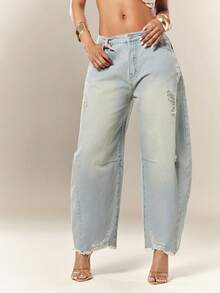 Denimoi Women's Pocket Distressed Casual Tapered Jeans - Light Wash - View 4