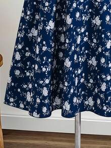 SHEIN 2piezas/Set Top de cárdigan de punto acanalado con decoración de lazo casual para primavera/otoño y vestido elegante simple de tirantes finos con estampado tejido para adolescentes - azul real - Ver 7