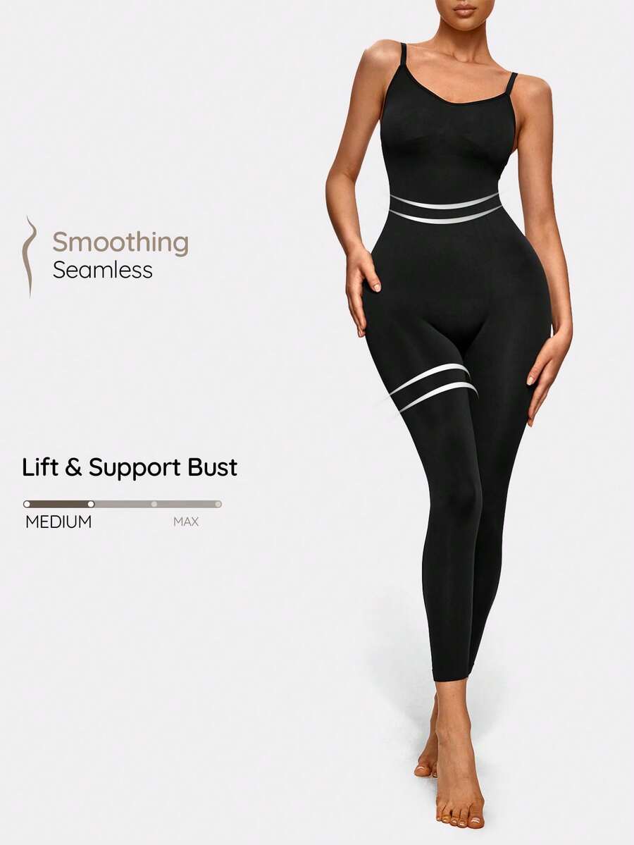 SHEIN Mono faja de tirantes control de barriga inconsútil unicolor - Negro - Ver 1