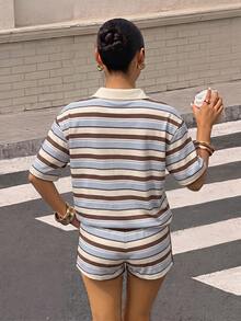 Muchica 女款休閒短袖 Polo 衫與短褲兩件套，美式復古條紋套裝，夏季服飾，適合日常通勤、約會、派對、秋冬春夏、聖誕節、新年、感恩節、婚禮、海灘、畢業季，時尚優雅休閒，適合外出約會與通勤 - 彩色 - 查看 2