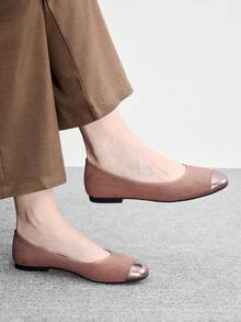 CUCCOO BIZCHIC 女鞋 春秋拼接方頭平底鞋，簡約麂皮通勤購物鞋 - 淺棕色 - 查看 10