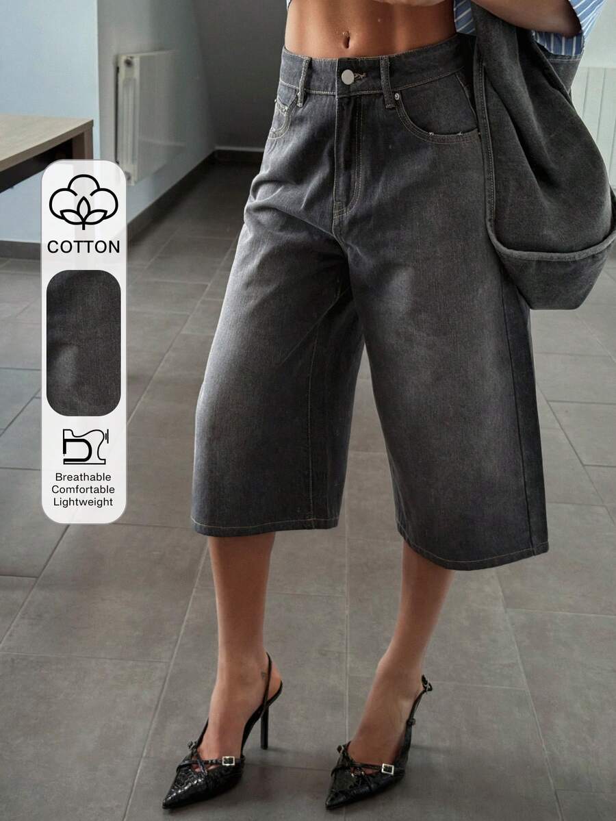 Livesso Quần jean nữ ngắn rách, bạc màu, chất liệu denim. - Xám - Xem 1