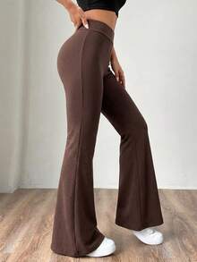 SHEIN EZwear 女款素色高腰修身針織喇叭褲 - 巧克力棕 - 查看 5