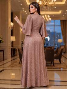 Auveirra 春夏秋冬优雅派对婚礼情人节酒会演唱会/音乐节叠领喇叭开叉荷叶边袖大码连衣裙 - 藕粉色 - 查看 2