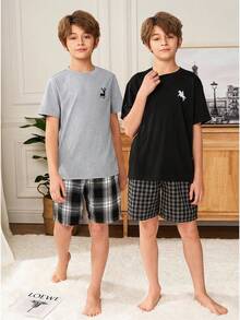 SHEIN 青少年男孩極簡休閒純色圓領短袖T恤與格紋短褲寬鬆睡衣套裝 2件組 - 彩色 - 查看 1