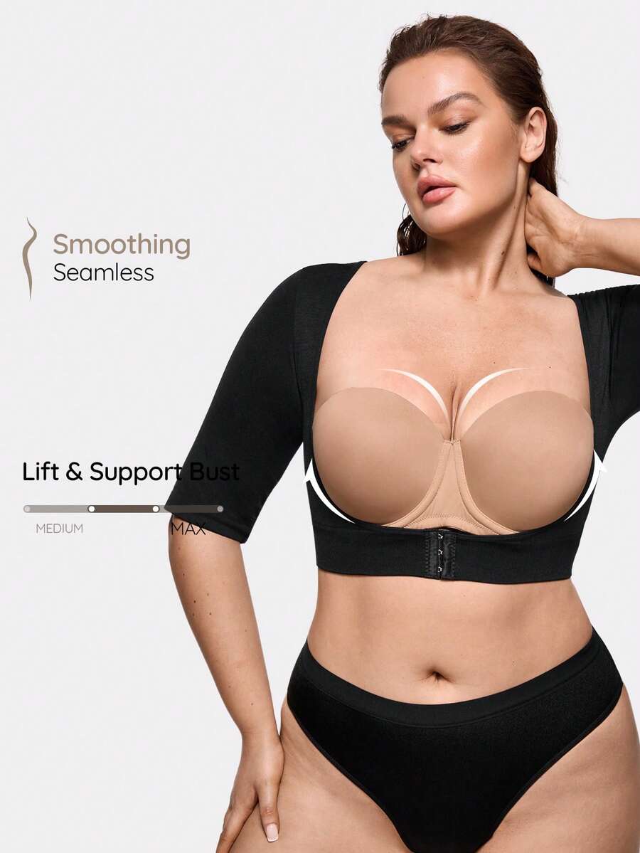 SHAPORA Top bustier de manga corta con efecto moldeador de unicolor para mujer de talla grande - Negro - Ver 1