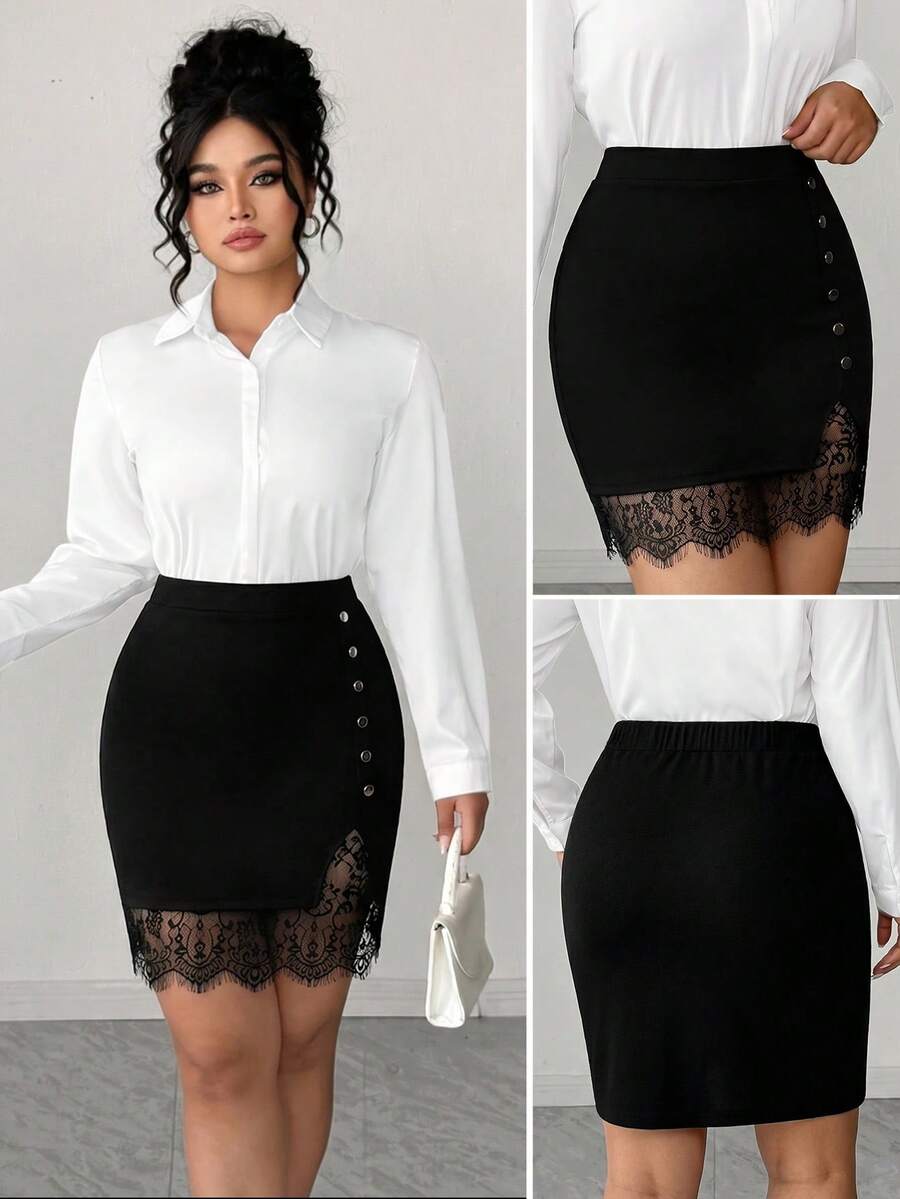 Elenzga Plus Size Simple Elegant Lace Patchwork Women's Skirt - Black - View 1