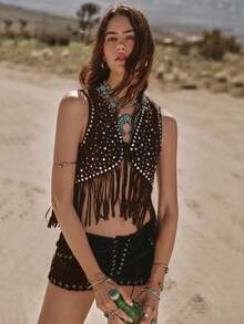 Easelle Bohemian Music Festival Sequin Rivet Fringe Vest Women's Vest - Coffee Brown - View 3
