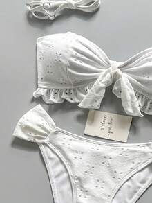 Swim Vcay Spring/Summer Solid Color Strap Jacquard Fabric Wireless Bow Decor Cute Beach Vacation Swimwear Set - White - View 5