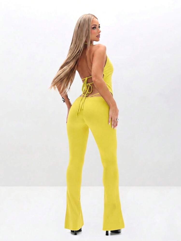 BABYPHAT Low Rise Flared Trousers With Rhinestone Logo Strap Detail, Festival Party Pants