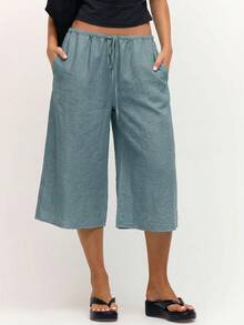 MUSERA Linen Feel Tie Front Cropped Pants Spring Summer Vacation Beach Casual Cute Everyday Boho Airport Holiday Teal Blue Lake Blue Aqua - Teal Blue - View 2