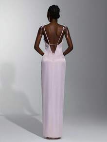 Elitara Elegant, Simple, Minimalist, Light Pink, Matte High-Elastic Satin, Handmade Bow, Back Appliqué, Halter Neck, Sexy V-Neck, Deep Backless Design, A-Line Skirt, Long Style. Suitable For All Weddings, Formal Occasions, Dates, Parties, Birthday Parties, And Bridesmaid Dresses. - Baby Pink - View 3