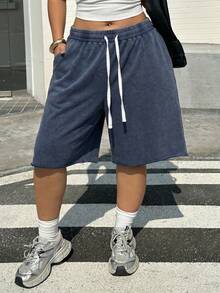 Muchica Plus Size Summer Casual Sports Shorts With Drawstring Waist And Slant Pockets - Blue - View 3