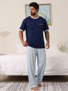 DAZY Men's Raglan Sleeve Contrast Color Loungewear Set, Spring/Summer Pajamas - Multicolor - View 8