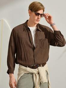 VeloEdit Men's Solid Color Long Sleeve Single Breasted Pocket Loose Casual Baggy Shirt, Woven, Wrist-Length Collar Coffee Brown, Autumn, Fall Front - Coffee Brown - View 1