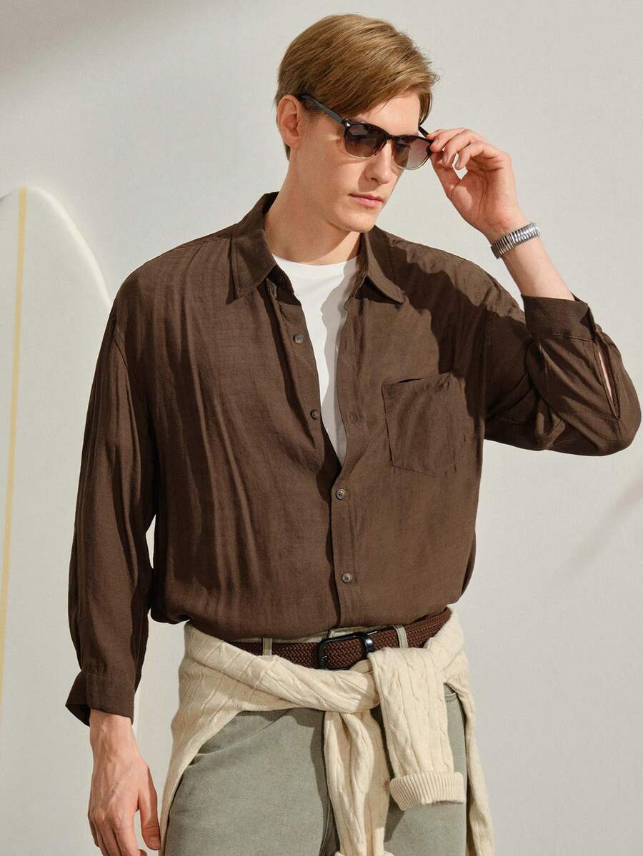 VeloEdit Men's Solid Color Long Sleeve Single Breasted Pocket Loose Casual Baggy Shirt, Woven, Wrist-Length Collar Coffee Brown, Autumn, Fall Front - Coffee Brown - View 1