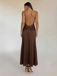 Aloruh Women's Elegant Solid Brown Long Dress Backless Lace Patchwork Spaghetti Strap Dress Night Out Summer - Coffee - View 2