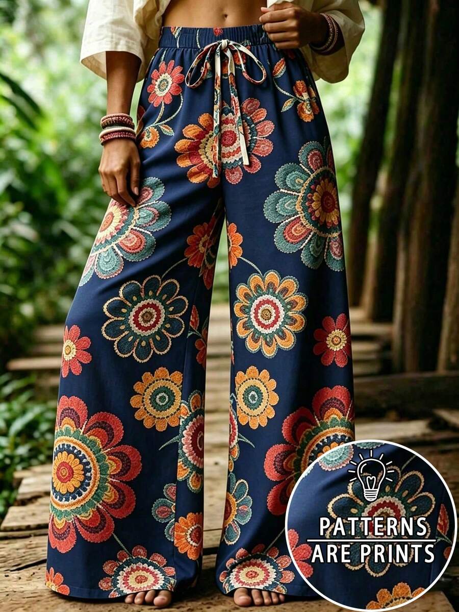 Celana Kasual Longgar Wanita Model Retro dengan Pinggang Elastis dan Tali Serut, Potongan Lurus - MultiWarna - View 1