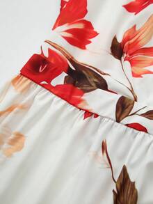 GlowEve CURVE Women's Plus Size V-Neck Floral Print Pleated Casual Party Beach Vacation Dress Red And White Summer - Red and White - View 4