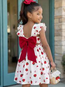 SHEIN LMoss Kids 少女草莓蝴蝶結印花細肩帶洋裝，適合春夏季度假 - 白色 - 查看 4