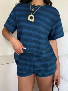 SHEIN EZwear 条纹针织休闲女装套装 - 藏蓝色 - 查看 5